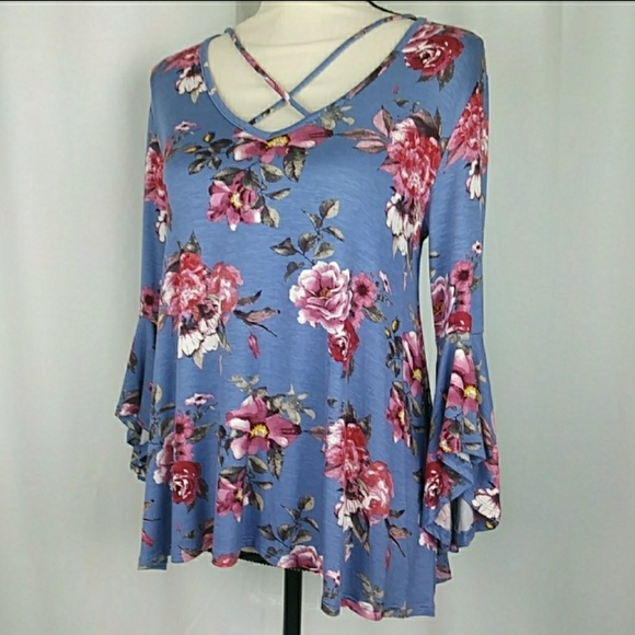 Tops - Blue Floral Print with Bell Sleeves